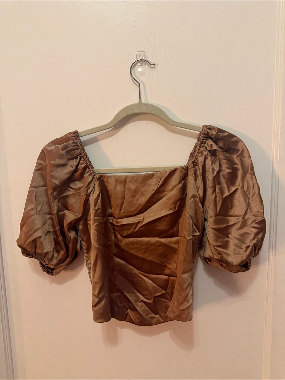 Satin Puff-Sleeve Square-Neck Blouse in Brown